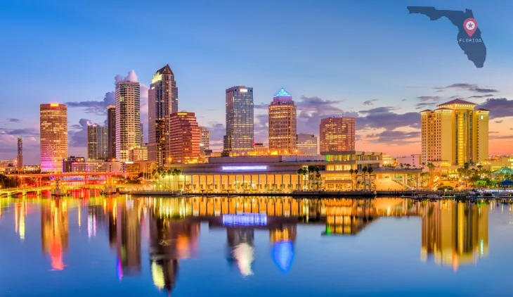 a city skyline with a body of water Tampa Florida