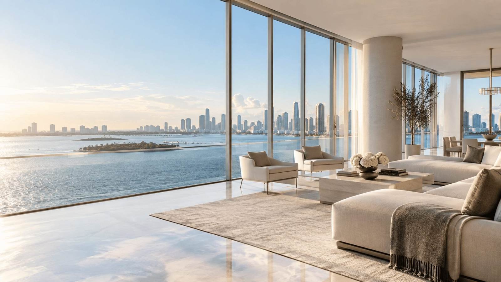 Sala de un condominio frente al mar en Miami con vista a Biscayne Bay, que representa una hipoteca por activos (Asset Qualifier Mortgage) para compradores internacionales
